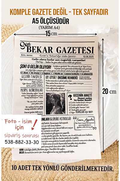 Pankart Evi Bekarlığa Veda Partisi Gazete Sayfası 10 adet A5 Kişileştirilebilir - Bekarlığa Veda - Bride to be - Düğün