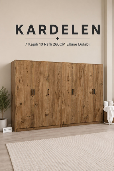 midoser Kardelen Serisi Atlantik Çam 7 Kapaklı 10 Raflı 260 Cm Elbise Dolabı ...