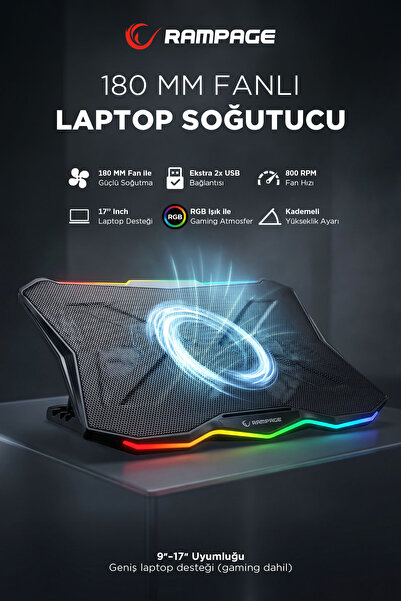 Rampage Ad-Rc8 Showy 180mm Fan15-17.3 Rgb Notebook Soğutucu Stand Laptop Soğu...