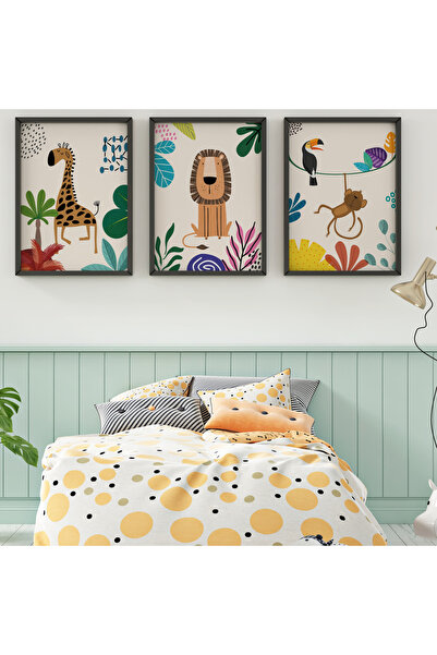 NN DECOR Maymun,Tukan,Aslan ve Zürafa 3'lü Set - Doğal Ahşap Çerçeveli, Bebek...