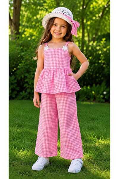 KOZADANKIDS Kız çocuk pötikareli takım-şapkalı yazlık askılı 3 lü set