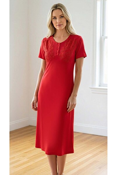 FLZ Lace Detailed Classic Women's Nightgown - 3 Buttons Zakkum Fabric Elegant...