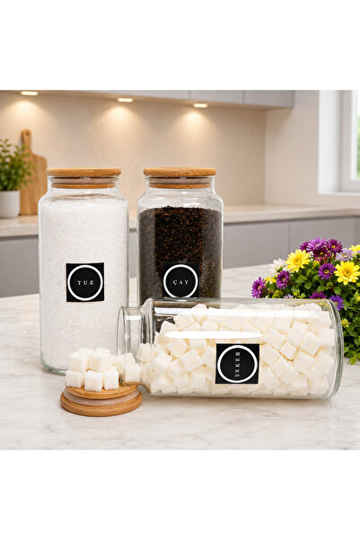 mafa home 3'lü Ahşap Vakum Kapaklı Cam Çay Şeker Tuz Saklama Kavanozu 1400 ml...