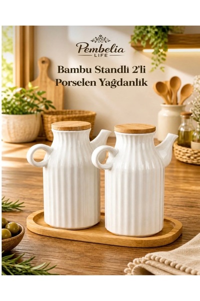 Pembelia Life 2'li Ahşap Standlı 1000ml Porselen Yaglık&sirkelik Seti Beyaz Y...