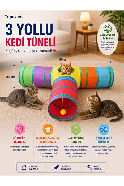 TRİPULAM T Şekil Katlanabilir Kedi Oyun Tüneli – Gökkuşağı Renkli 3 Yönlü Evc...