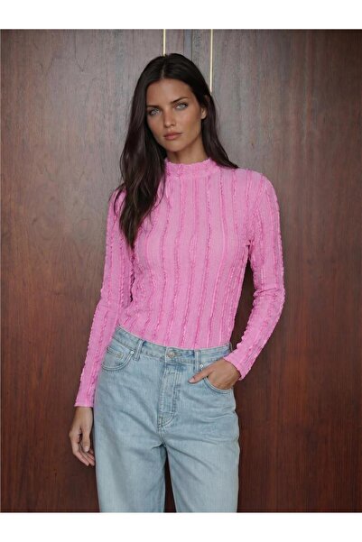 WeShaya Pink Textured Stretchy Knitted Long Sleeve Slim Fit High Neck Blouse