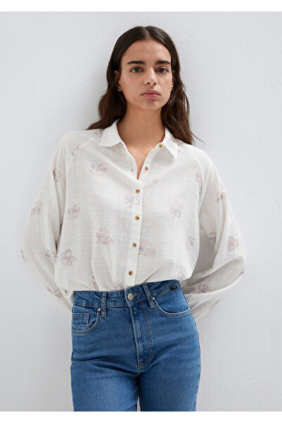 Mavi Çiçek Baskılı Ekru Gömlek Loose Fit / Bol Rahat Kesim 122514-91496