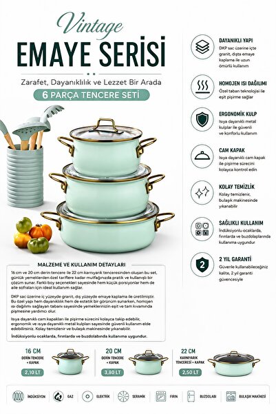 Bonera Emaye Vintage Güveç 6 Parça Tencere Seti (16-20-22 cm) Su Yeşili