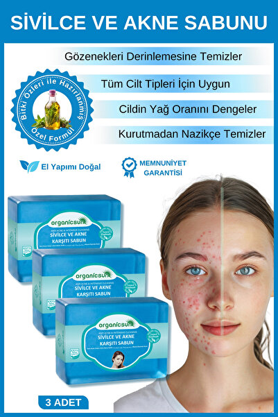 Organicsun Doğal Akne ve Sivilce Karşıtı Sabun 140 Gr x 3 Adet Tüm Cilt Tiple...