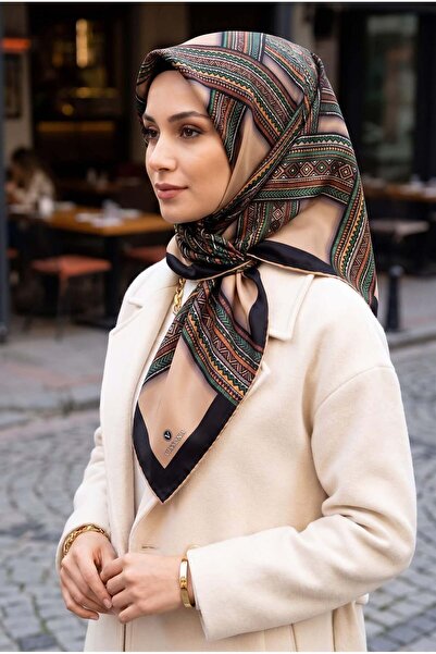 Vissona %100 Twill İpek Etnik Desenli Bej - Zümrüt Yeşili Renkli 90x90 Eşarp ...