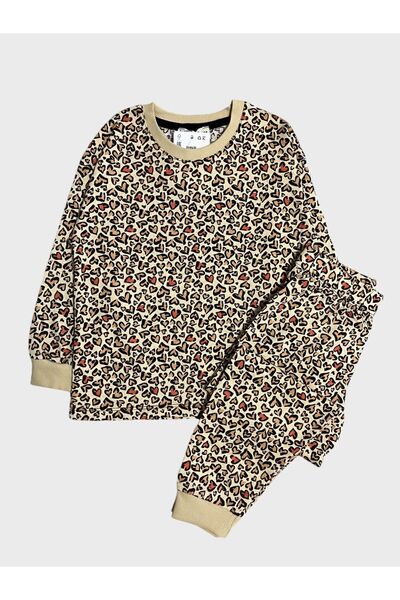 Fil Kids Girl's 100% Cotton Leopard Heart Print Brown Long Sleeve Pajamas Set