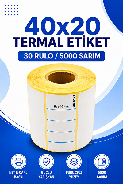 Küresel Etiket Barkod 40x20mm Termal Etiket | 30 Rulo | 5000 Sarım | Ribonsuz...