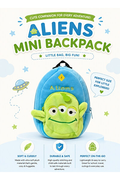 Premium Alien Plush Mini Backpack – Blue Cartoon School Bag