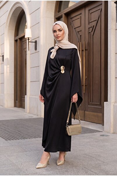 Modamorfo Buckle Detailed Double Layered Asymmetrical Sleeve Satin Evening Dr...