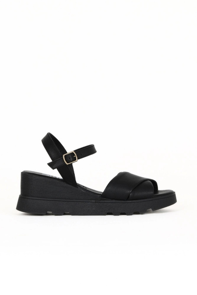 Bueno Shoes Sandale cu toc cu pană pentru femei din piele neagră 01we5201