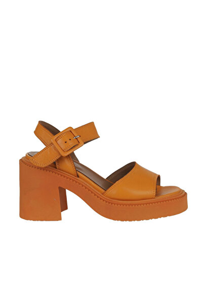 Bueno Shoes Πορτοκαλί δερμάτινα γυναικεία πέδιλα με τακούνι 01wy12705