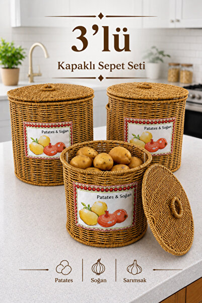 naturelove 3'lü Hasır Kapaklı Patates Soğan Sepeti Seti | Rattan Görünümlü Ço...