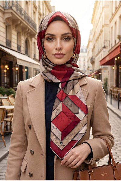Vissona %100 Twill İpek Mermer Desenli Bordo - Bej Renkli 90x90 Eşarp Dikim Ş...