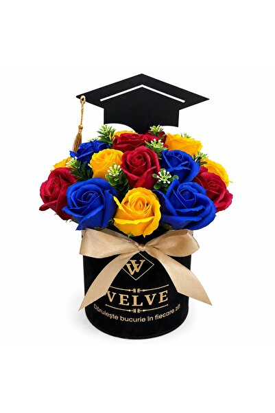 velve Aranjament floral absolvire 2026 in cutie cu trandafiri de sapun albast...