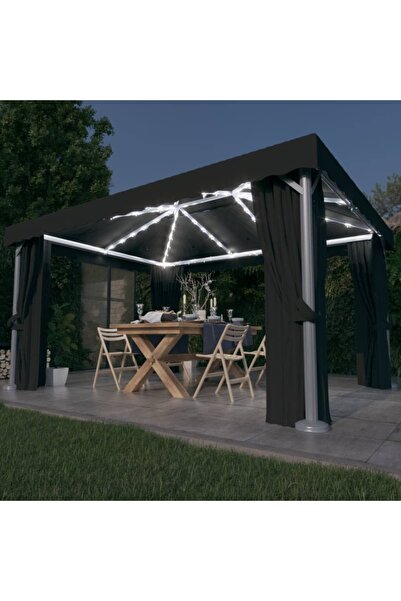 Concept Pavilion cu perdele & șiruri lumini LED, antracit, 4x3 m