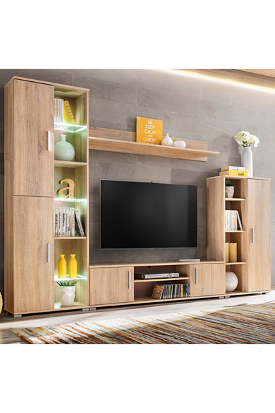 Concept Mobilă de perete cu spațiu TV, iluminare LED, stejar sonoma
