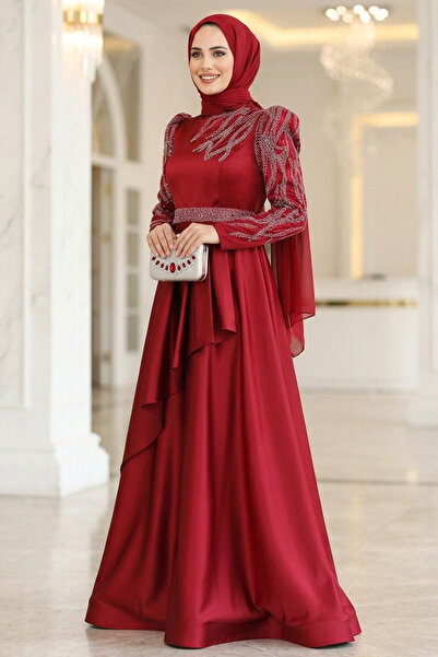 Neva Style Boncuk İşlemeli Bordo Saten Tesettür Abiye Elbise 22671BR