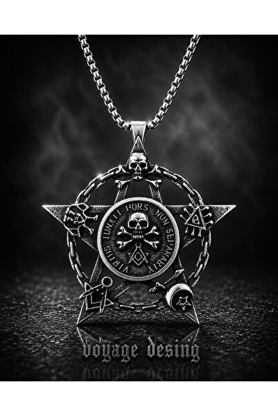 voyageaccessory Paslanmaz Çelik Okült Sembollü Erkek Gotik Kurukafa Pentagram...