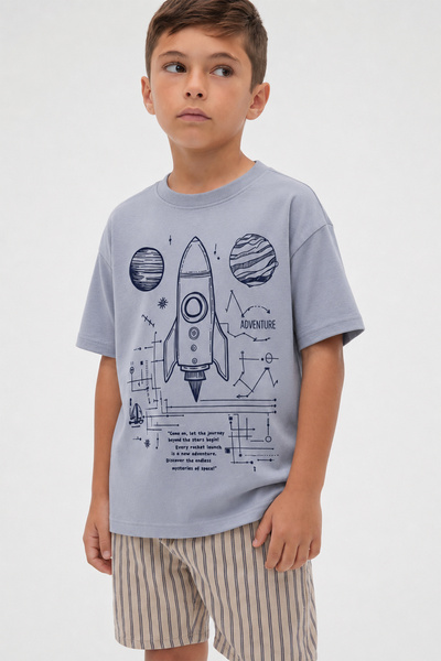 Cigit Rocket Printed T-Shirt 2-12 Years Pastel Blue