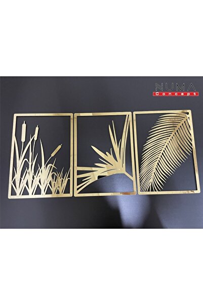 Numa Concept Tablo 3'lü Aynalı Gold Pleksi Yaprak Ve Sazlık Salon Ofis Ve Antre İçin Duvar Dekoru | 30x24 Cm