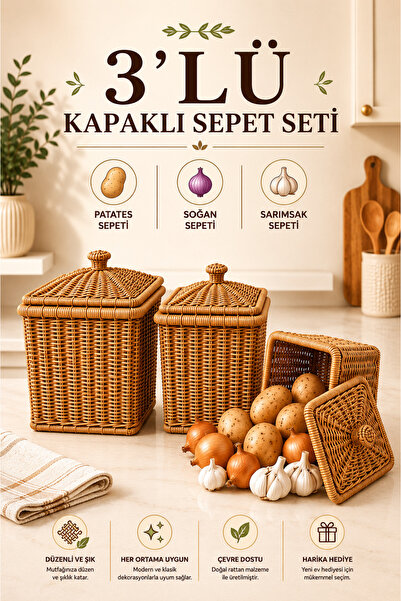 naturelove 3’lü Hasır Görünümlü Kare Kapaklı Patates Soğan Saklama Sepeti - Ç...