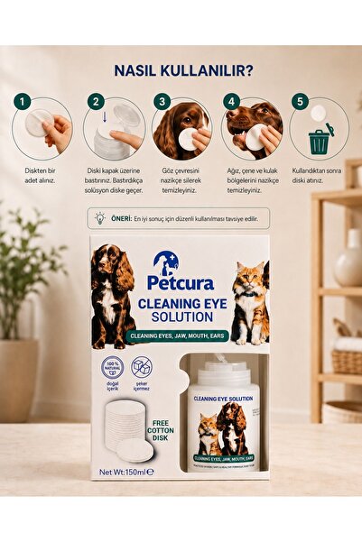 Kedi ve Köpek Göz, Kulak, Ağız Temizleme Solüsyonu - 150 ml + Temizleme Pamuğu Hediyeli