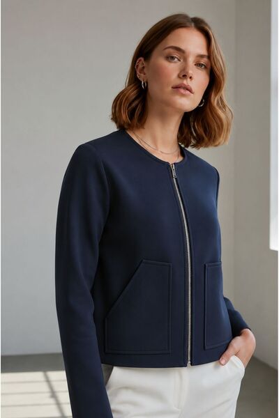 Elbikom İnce Dokulu Mevsimlik Oversize Premium Kumaş Basic Ceket - Lacivert