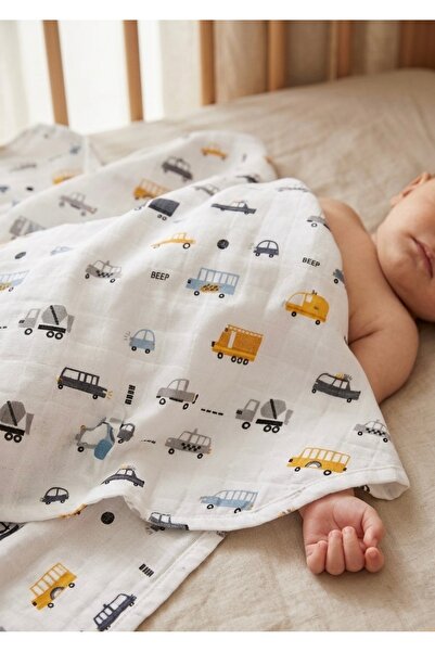 Caline Baby غطاء قماش موسلين بنمط سيارة - رمادي 120x120 سم 4 مناديل مبللة للفم