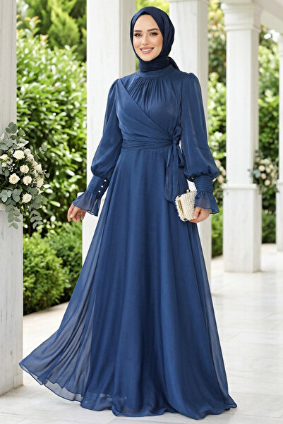 Neva Style Bağlama Detaylı Lacivert Tesettür Abiye Elbise 48051L