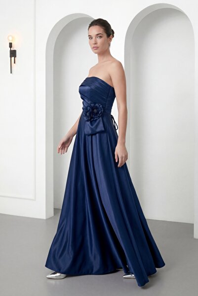 Lafaba Women's Navy Blue Strapless Collar Floral Detailed Long Promise Engage...