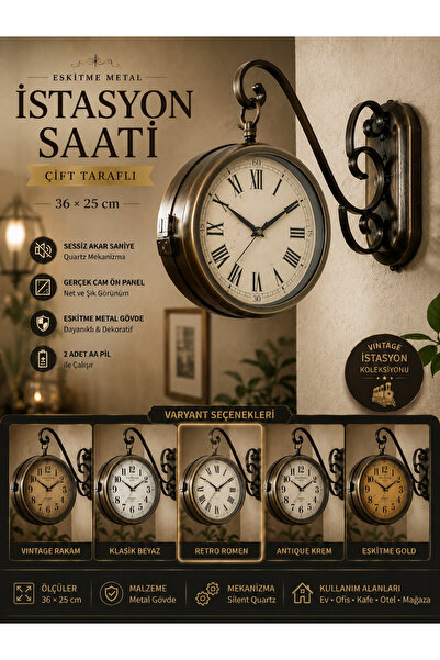 KOLAYEV Eskitme Metal Retro İstasyon Saati 36x25 Cm Çift Taraflı Dekoratif Du...