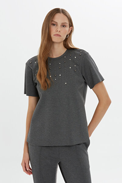 GIZIA SPORT Önü Boncuk İşlemeli Kısa Kollu T-shirt