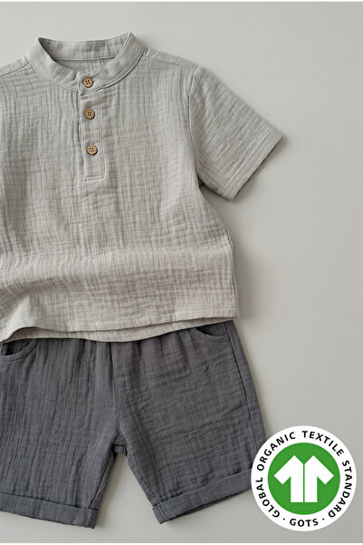 Mtcbaby Müslin Düğmeli Hakim Yaka Şortlu Takım 1-6 Yaş Gri