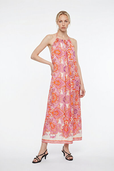 Quzu Halter Neck Shawl Patterned Long Dress Pink