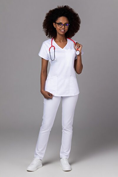 tag Costum medical pentru femei, bluză și pantaloni, slim fit, model nou AMBRA, alb