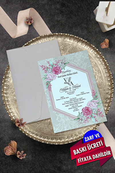 Cem Davetiye Düğün Nişan Nikah Kına Davetiyesi 9027 (100 ADET) Baskı Dahil