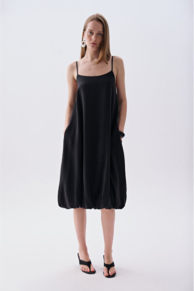 Mudo Women's Black Modal Blend Strappy Balloon Midi Dress