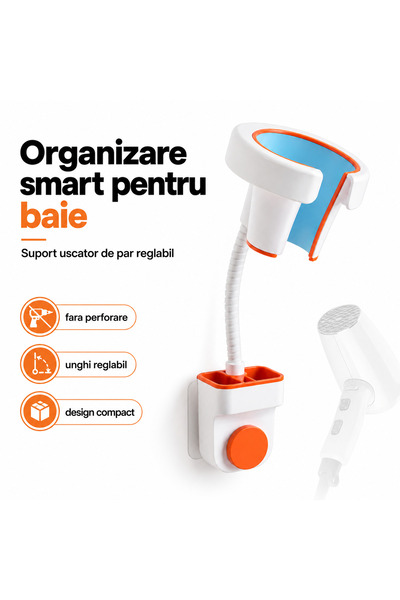 iTin Suport Uscator de Par cu Montare pe Perete, Fara Perforare, Unghi Reglab...