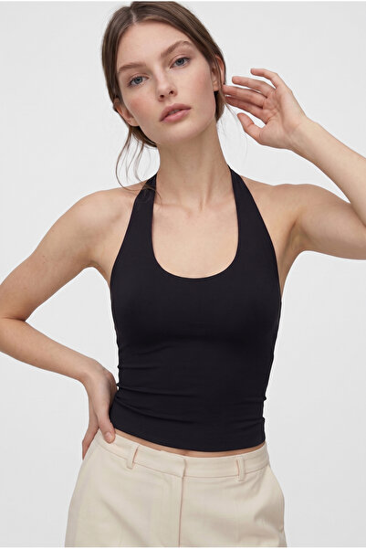OLYNN Siyah Ultra Premium Soft Halter Yaka Çift Kat Top Body