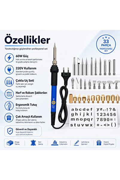 DUHALINE Havya seti 60W 220V Isı Ayarlı 37 Parça Ahşap Yakma Elektrikli Havya Seti Lehim Seti