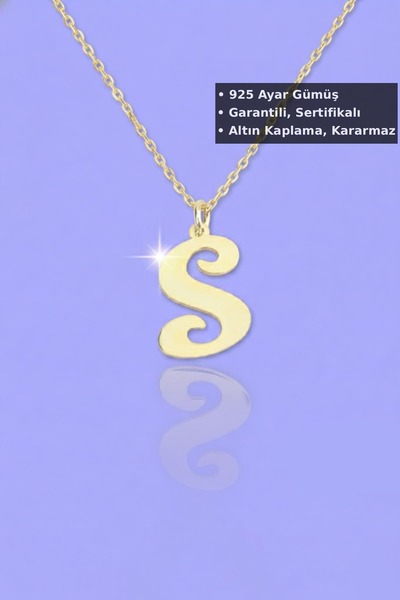 Jewelmim S Harfli Gümüş Kolye | Sarı Altın Kaplama Hediye Baş Harf Kolyesi 92...
