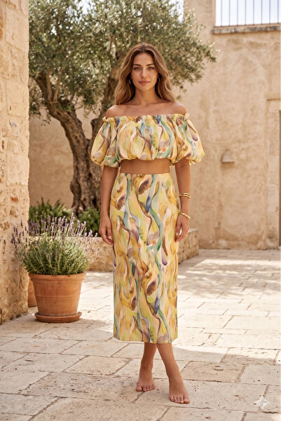 ABBRA Women's Balloon Sleeve Crop Blouse and Skirt Set