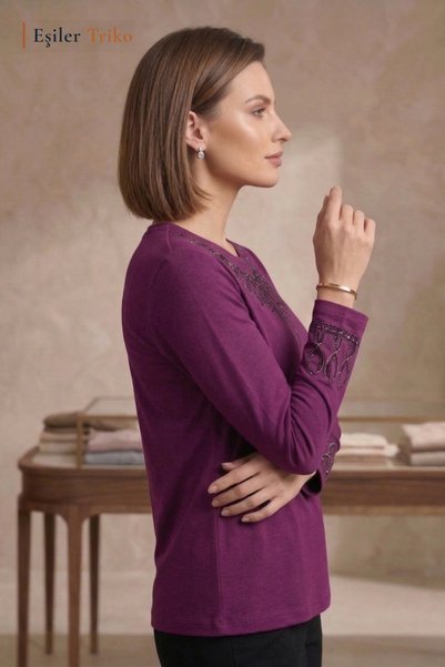 Eşiler Triko Women's Burgundy Spring Cluster Pattern Collar and Sleeves Embroidered, Stoned Mother Combed Cotton Blouse
