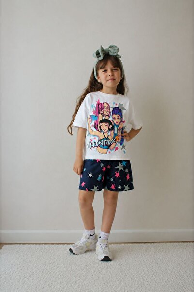 Kids K-Pop Demon Hunters Hunterix Zoey Rumi Mira Printed Girls Summer Set with Shorts
