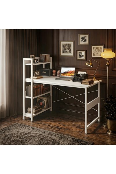 DASEN Study Desk with Multi-Tier Bookshelf, Gaming Table Computer Desk with Carbon Fiber Desktop